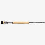 A close-up image of a Sage Salt R8 fishing rod, showing the rod's tip with a light-colored handle and black graphite body.