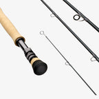 A close-up image of a Sage Salt R8 fishing rod, showing the rod's tip with a light-colored handle and black graphite body.