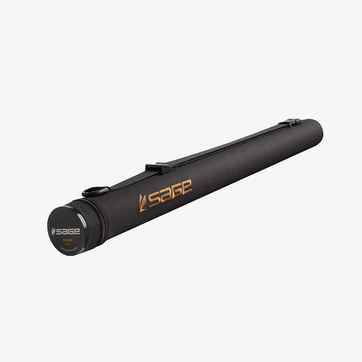 Black fishing rod case with 'SAGE' logo on a white background