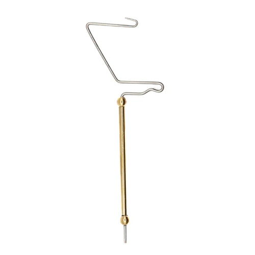 A gold-colored rotating whip finisher tool for fly tying, with a long reach and a hook at the end.