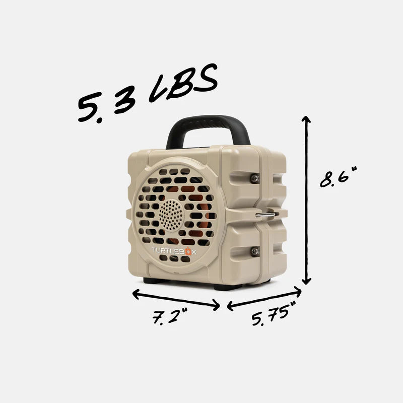 Tan Turtlebox Cub device with measurements and weight on a white background