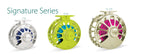 Three Tibor Signature Series fishing reels in different colors (silver, green, and gold) displayed horizontally.