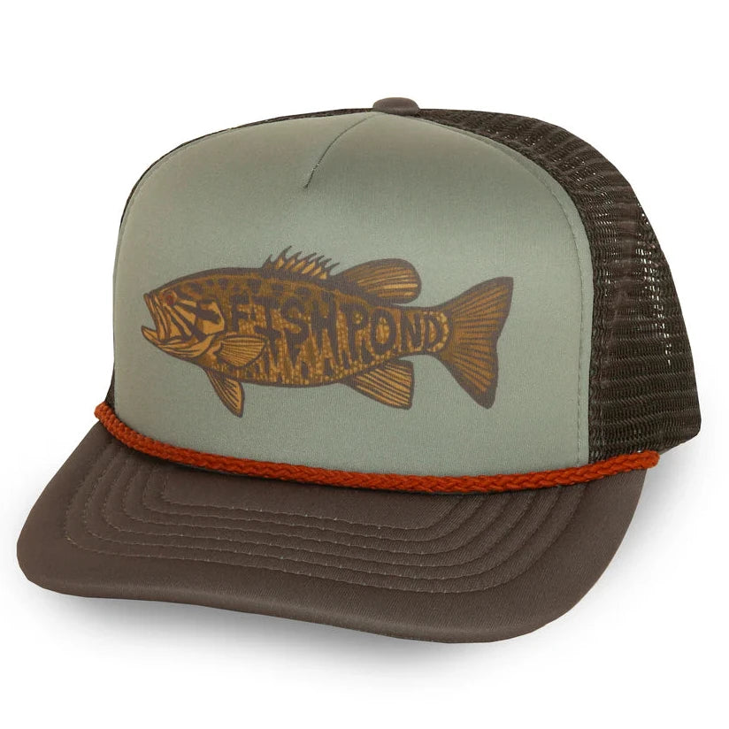 Trucker hat with a smallmouth fish design and text on a white background
