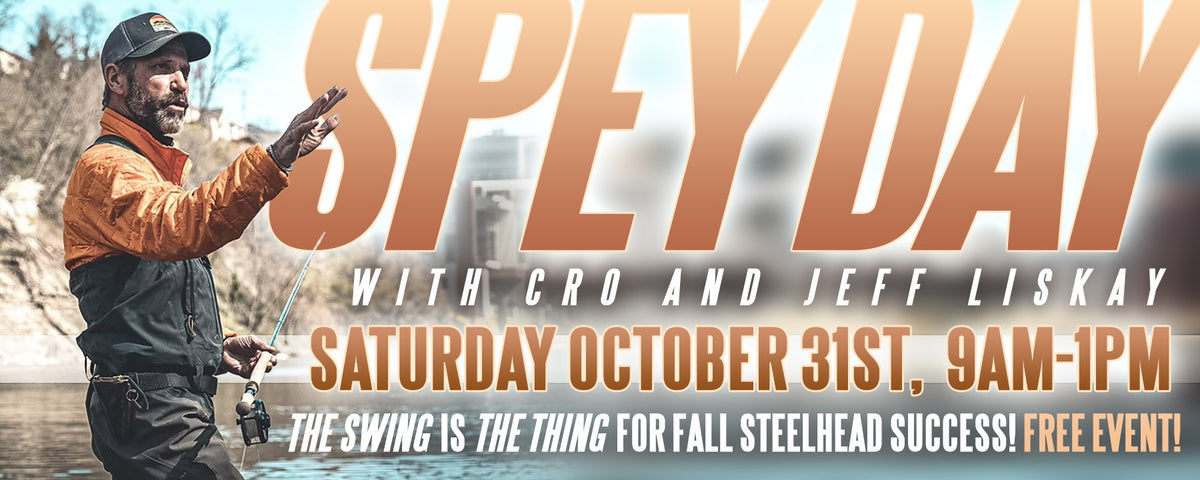 Promotional banner for 'SPEY DAY' featuring a man in fishing attire holding a rod and reel, with large orange text reading 'SPEY DAY' and event details for Saturday October 31st, 9am-1pm.