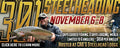 Promotional banner for a steelhead fishing event in November 6-8, featuring a man holding a steelhead trout and large text reading '301 Steelheading November 6-8' with event details and 'Hosted at Cro's Steelhead Lodge'.