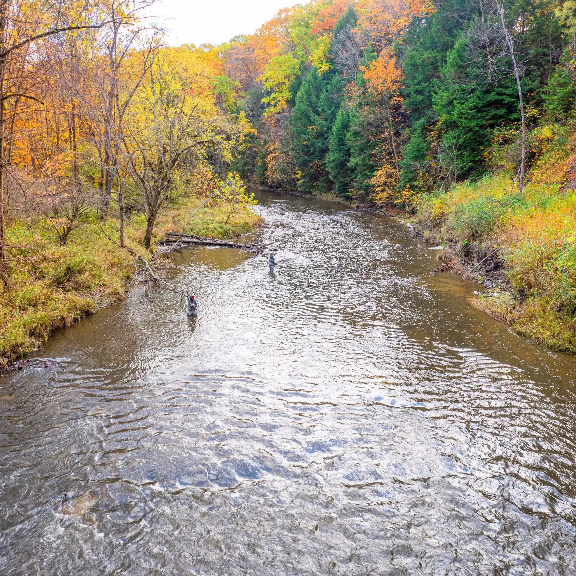 A scenic autumn landscape showing a river flowing through a wooded valley, with trees in vibrant fall colors of orange, yellow, green, and brown. Two small figures are visible standing in the water near the center of the river.