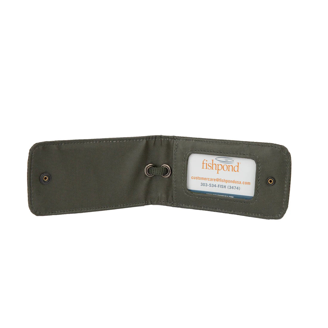 Green luggage tag with Fishpond logo on a white background