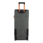 Gray suitcase with orange handle on a white background