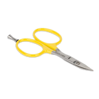 A pair of yellow-handled scissors with a precision peg and curved blades.