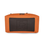 Fishpond submersible orange duffel bag with brown handles and straps on a white background. Bottom view