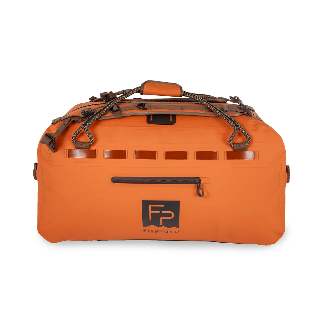 Fishpond submersible orange duffel bag with brown handles and straps on a white background. Side view