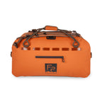 Fishpond submersible orange duffel bag with brown handles and straps on a white background. Side view