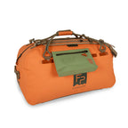 Orange duffel bag with green accents and Fishpond logo on a white background