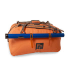 Orange duffel bag with a blue rod holder and Fishpond logo on a white background