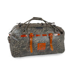 Fishpond submersible camo color duffel bag with brown handles and straps on a white background