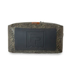 Fishpond submersible camo color duffel bag with brown handles and straps on a white background. Bottom view.