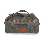 Fishpond submersible camo color duffel bag with brown handles and straps on a white background. Side view