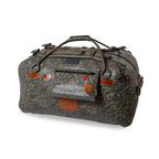 Fishpond submersible camo color duffel bag with brown handles and straps on a white background. Side view