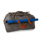 Fishpond submersible camo color duffel bag with brown handles and straps on a white background. Side view with a rod tube.