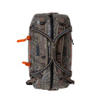Fishpond submersible camo color duffel bag with brown handles and straps on a white background. Top view