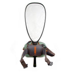 A green Fishpond Thunderhead Small Submersible Lumbar pack with a brown shoulder strap and zippered closures, featuring a logo on the front and a net on the back.