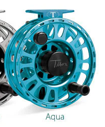 Blue Tibor fly fishing reel with 'Aqua' branding on a white background