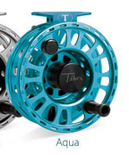 Blue Tibor fly fishing reel with 'Aqua' branding on a white background