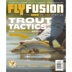 Fly Fishing magazine cover featuring a large trout being held by a person in shallow water, with the title 'FLY FUSION' and the headline 'TROUT TACTICS FOR TECHNICAL WATER' in bold text.