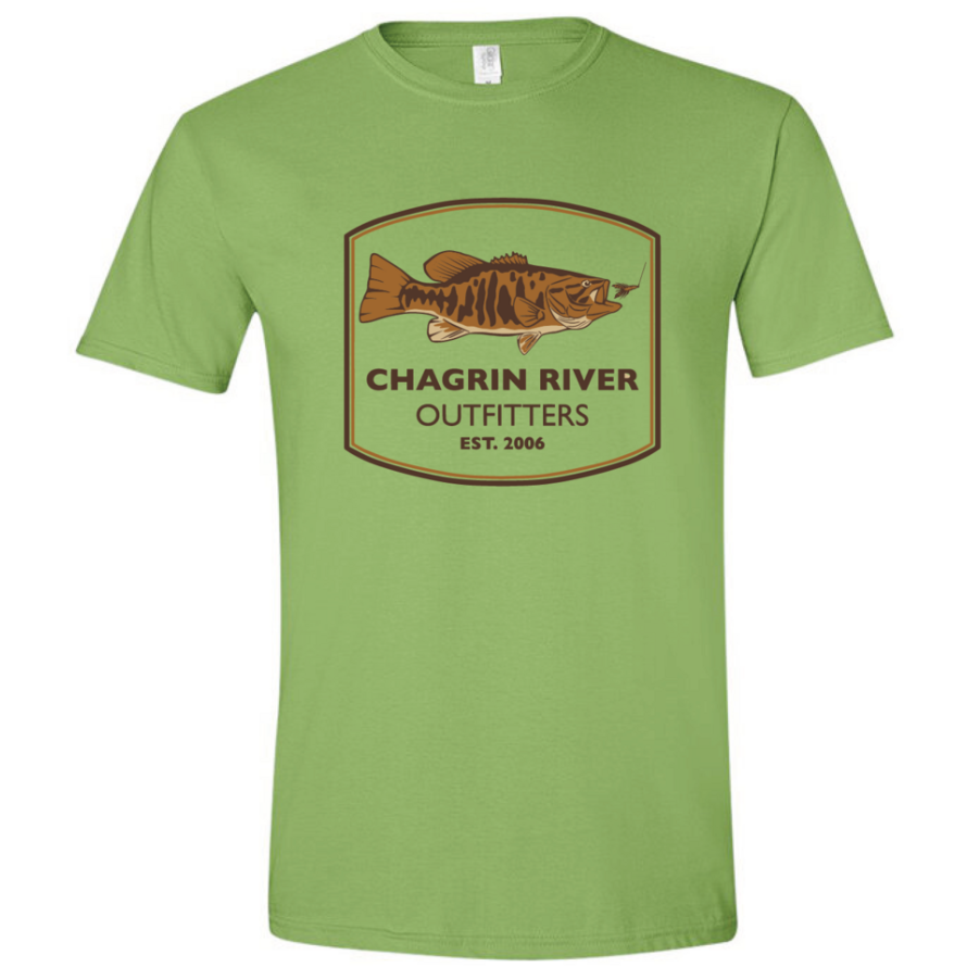 Green t-shirt with Chagrin River Outfitters logo featuring a smallmouth fish on a white background