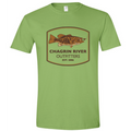 Green t-shirt with Chagrin River Outfitters logo featuring a smallmouth fish on a white background