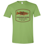 Green t-shirt with Chagrin River Outfitters logo featuring a smallmouth fish on a white background