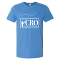 Blue t-shirt with a white Chagrin River Outfitters logo on a white background