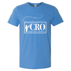 Blue t-shirt with a white Chagrin River Outfitters logo on a white background