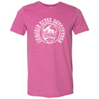 Pink t-shirt with white Chagrin River Outfitters graphic design on a white background