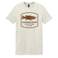 Beige t-shirt with Chagrin River Outfitters logo featuring a smallmouth fish on a white background