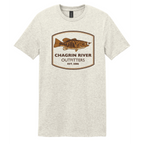 Beige t-shirt with Chagrin River Outfitters logo featuring a smallmouth fish on a white background