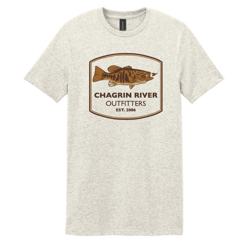 Beige t-shirt with Chagrin River Outfitters logo featuring a smallmouth fish on a white background