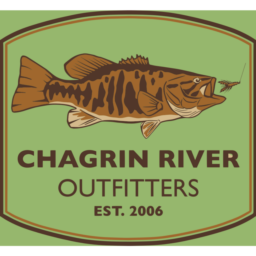 Logo of Chagrin River Outfitters with a smallmouth fish illustration on a green background