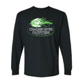 A black long-sleeve crewneck t-shirt featuring a green and white Chagrin River Outfitters logo printed on the chest.
