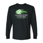 A black long-sleeve crewneck t-shirt featuring a green and white Chagrin River Outfitters logo printed on the chest.