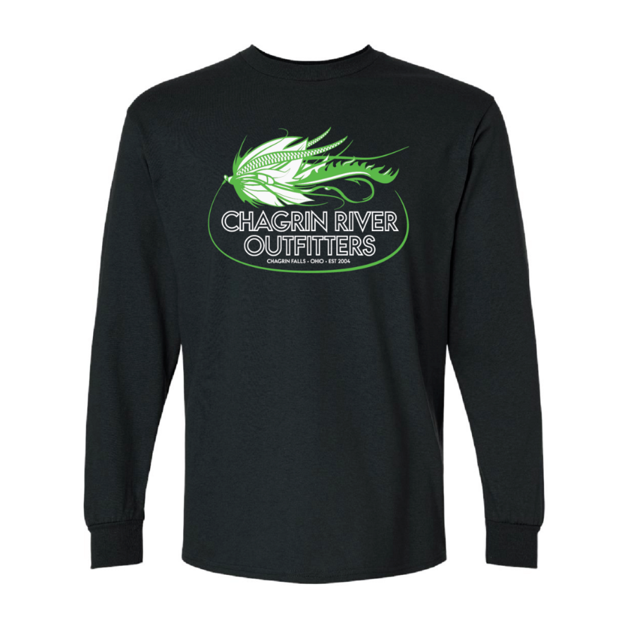 A black long-sleeve crewneck t-shirt featuring a green and white Chagrin River Outfitters logo printed on the chest.