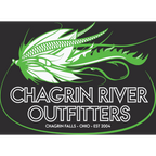 A graphic logo for Chagrin River Outfitters featuring a stylized green and white feather illustration above the brand name in large outlined white text on a dark charcoal background.
