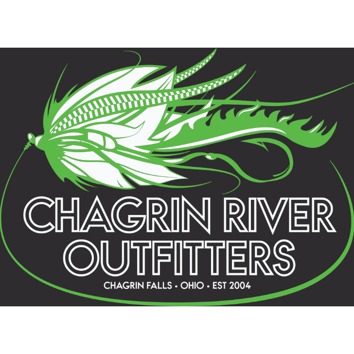 A graphic logo for Chagrin River Outfitters featuring a stylized green and white feather illustration above the brand name in large outlined white text on a dark charcoal background.
