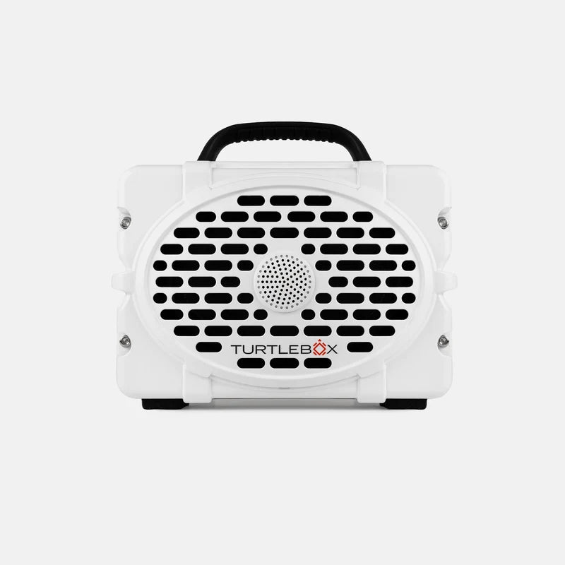 A white Turtlebox Original Gen 3 speaker with a black handle and black front grille, shown against a light gray background.
