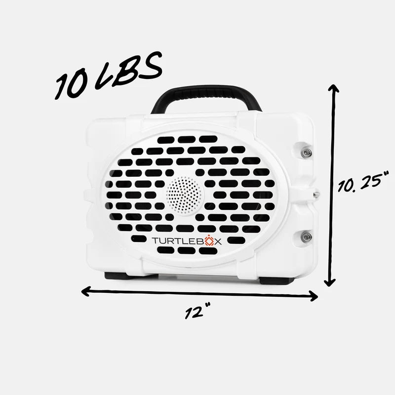 Turtlebox Original Gen 3 speaker product with weight and dimensions labeled on a white background