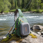 Green and gray Fishpond Summit Sling Pack 2.0 with fishing rod on a rock by a river