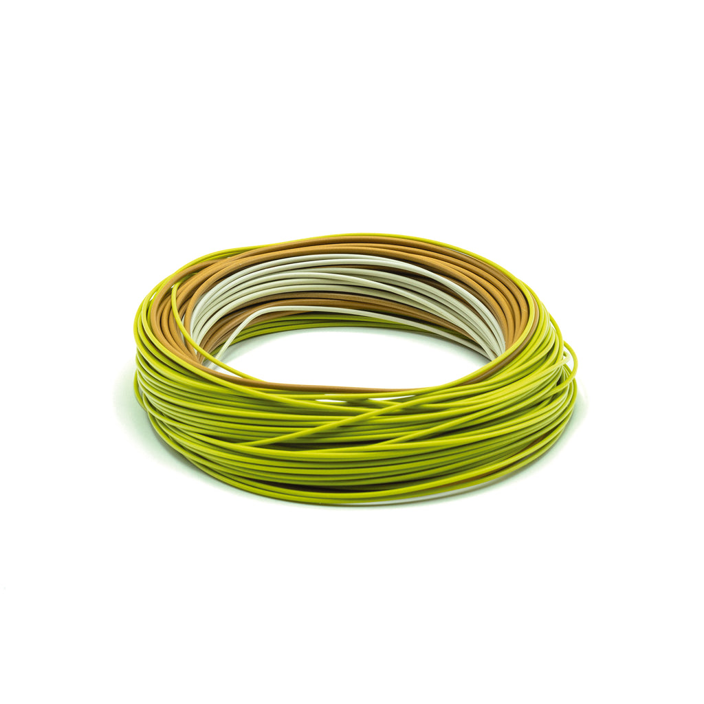 Coiled green and beige Amplitude Smooth Creek Trout fly-fishing line on a white background