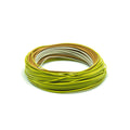 Coiled green and beige Amplitude Smooth Creek Trout fly-fishing line on a white background