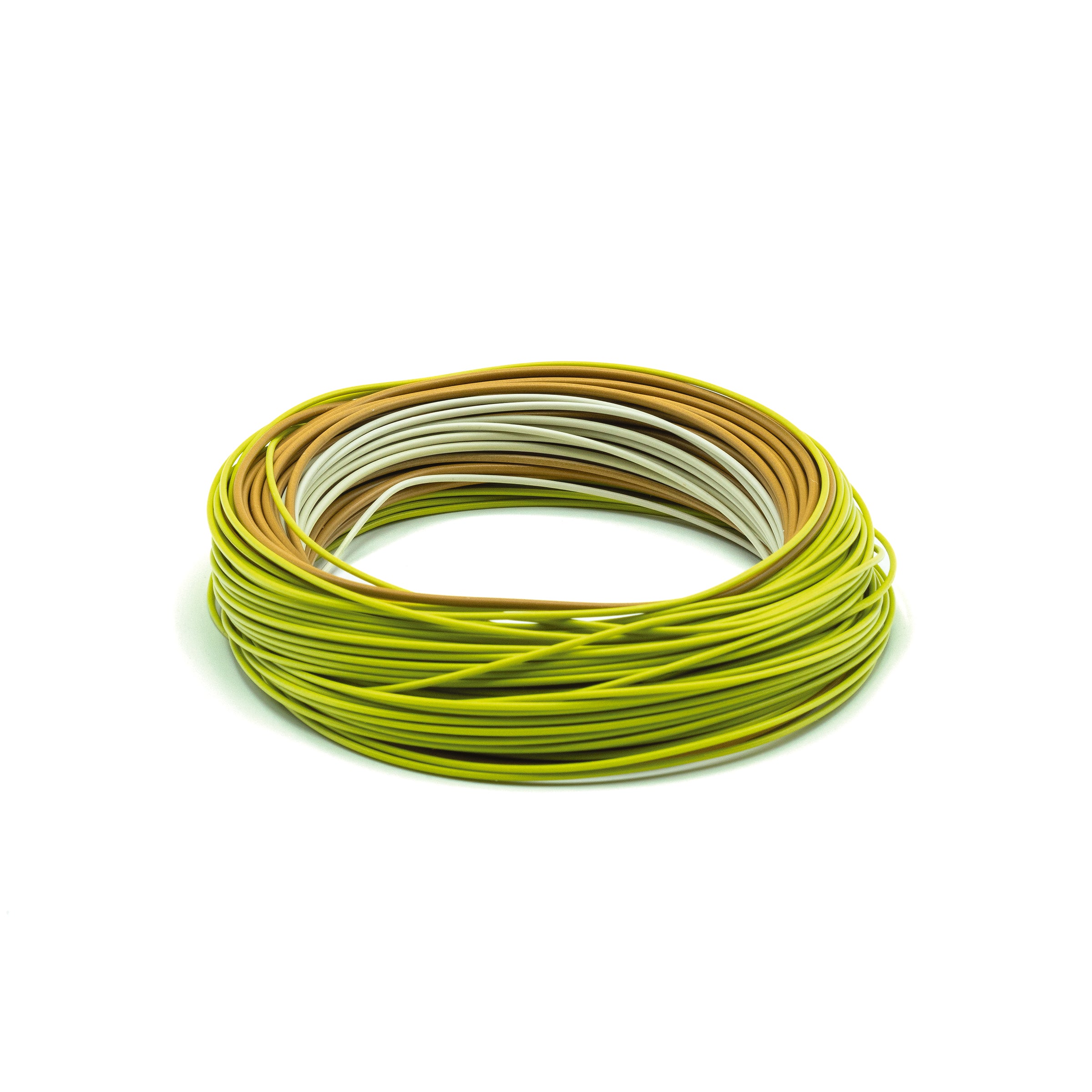 Coiled green and beige Amplitude Smooth Creek Trout fly-fishing line on a white background