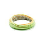 Coiled green and orange fishing line on a white background